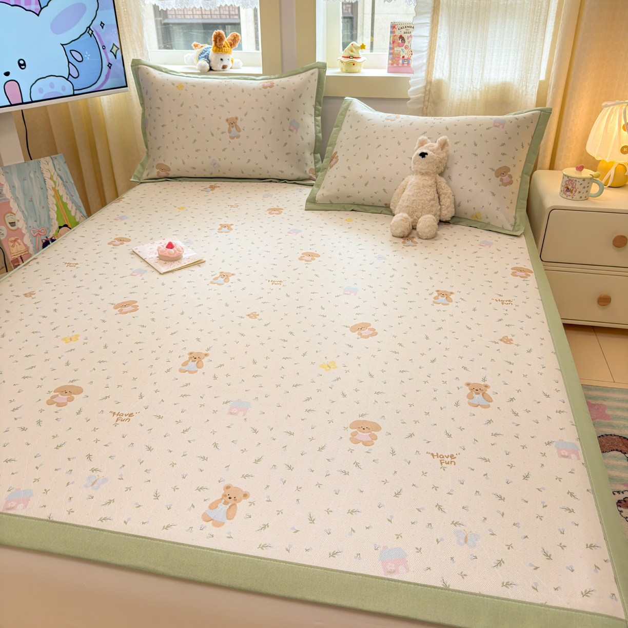 91家纺网 家纺一手货源 找家纺 慕尚家纺 2026新款凉感冰丝凉席席子 绿叶动物们