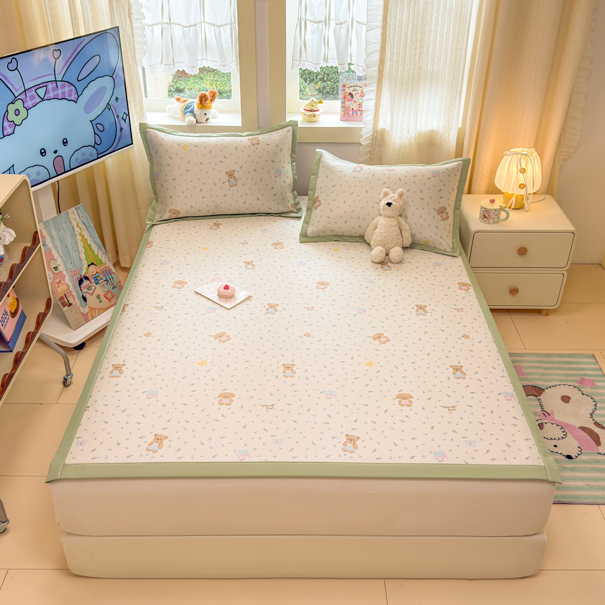 91家纺网 家纺一手货源 找家纺 慕尚家纺 2026新款凉感冰丝凉席席子 绿叶动物们