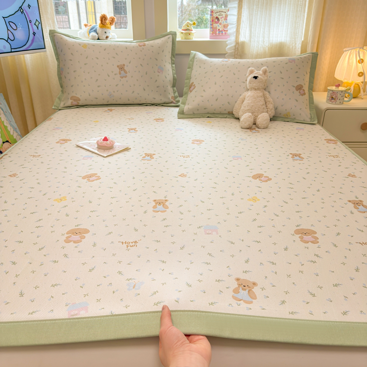 91家纺网 家纺一手货源 找家纺 慕尚家纺 2026新款凉感冰丝凉席席子 绿叶动物们