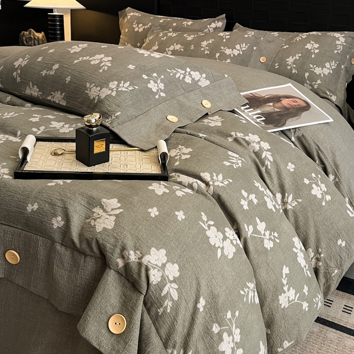 91家纺网 家纺一手货源 找家纺 梦舒羽 2026春夏新款A类原麻纽扣四件套加厚被套床单宿舍双人床仿亚麻套件-最新款 曼妙花园