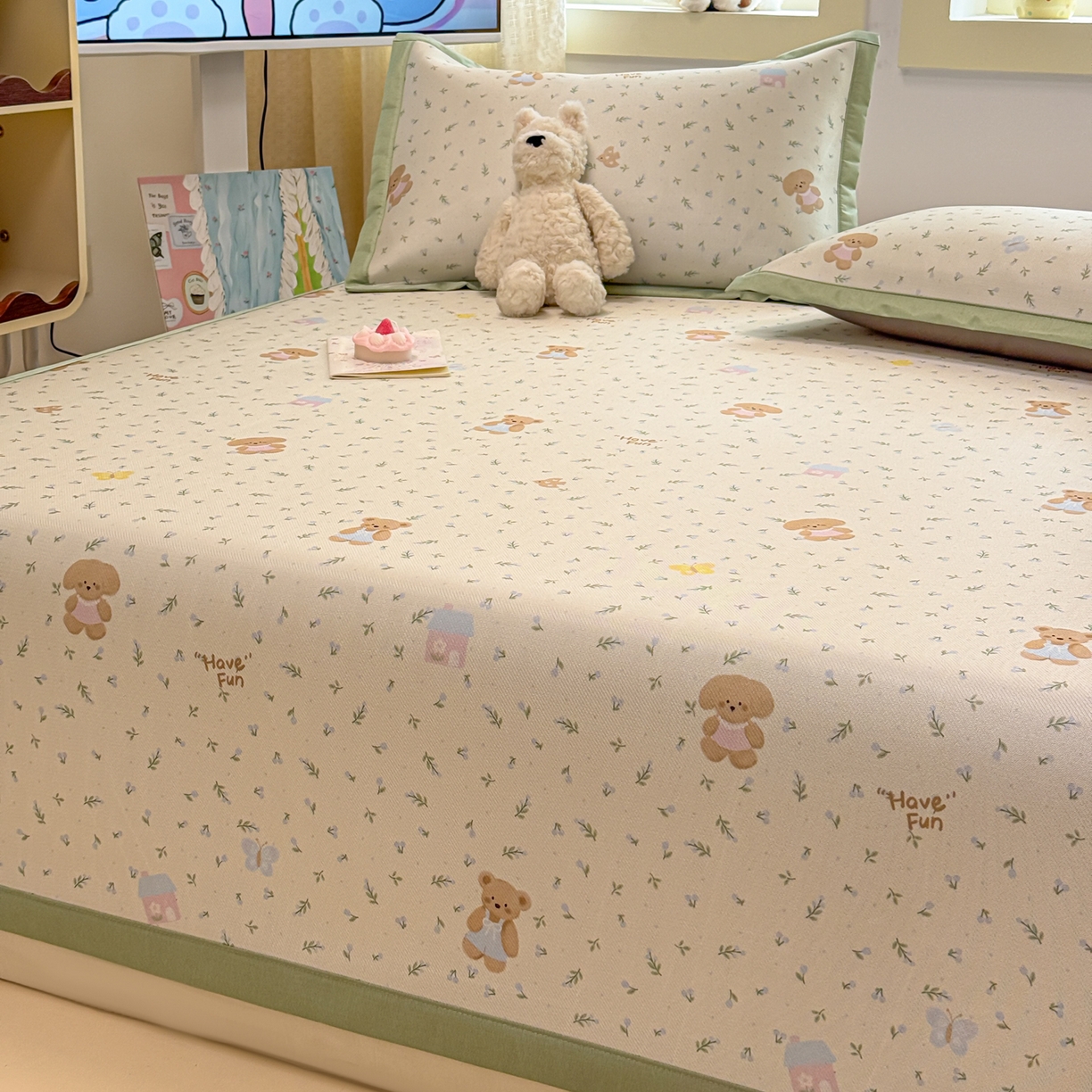 91家纺网 家纺一手货源 找家纺 慕尚家纺 2026新款凉感冰丝凉席席子 绿叶动物们