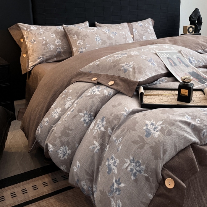 91家纺网 家纺一手货源 找家纺 梦舒羽 2026春夏新款A类原麻纽扣四件套加厚被套床单宿舍双人床仿亚麻套件-最新款 漫步花丛-蓝