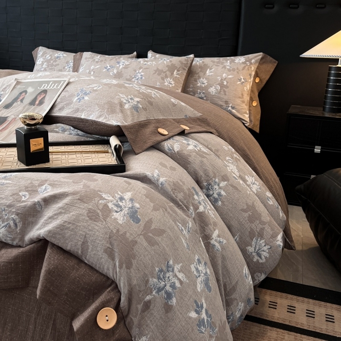 91家纺网 家纺一手货源 找家纺 梦舒羽 2026春夏新款A类原麻纽扣四件套加厚被套床单宿舍双人床仿亚麻套件-最新款 漫步花丛-蓝