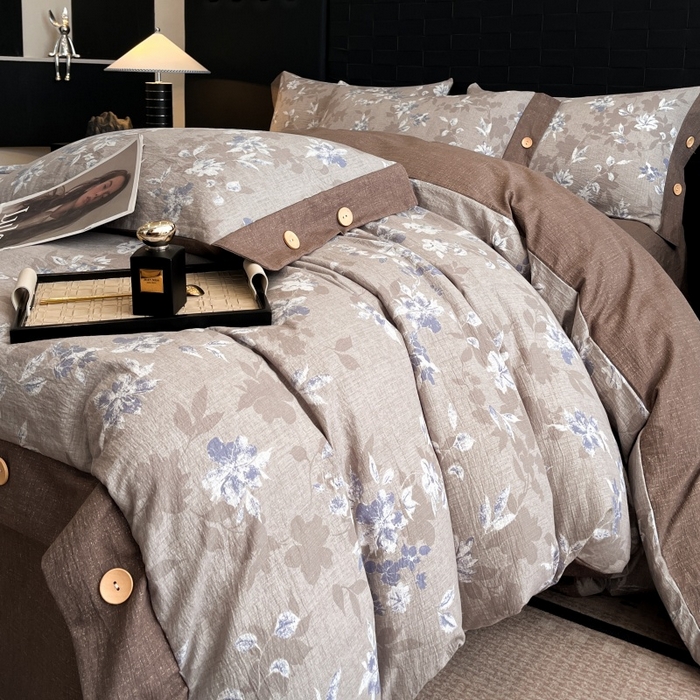 91家纺网 家纺一手货源 找家纺 梦舒羽 2026春夏新款A类原麻纽扣四件套加厚被套床单宿舍双人床仿亚麻套件-最新款 漫步花丛-蓝