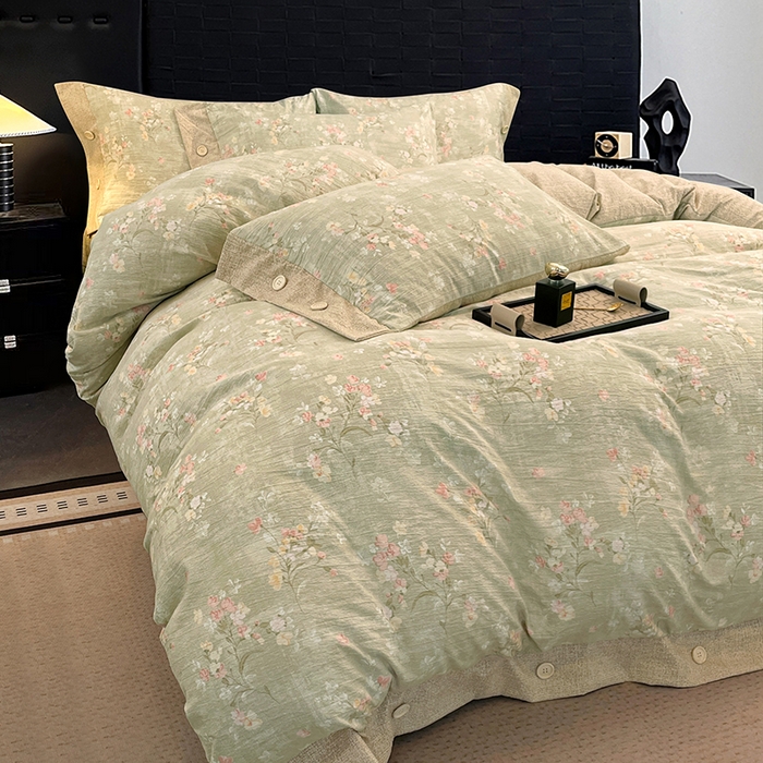 梦舒羽 2026春夏新款A类原麻纽扣四件套加厚被套床单宿舍双人床仿亚麻套件-最新款 清风花叙