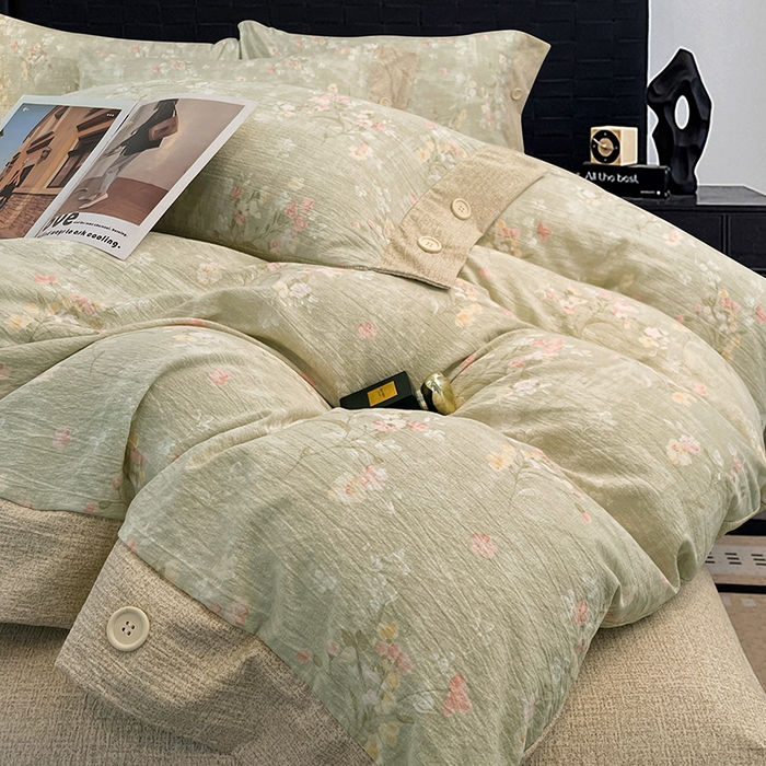 91家纺网 家纺一手货源 找家纺 梦舒羽 2026春夏新款A类原麻纽扣四件套加厚被套床单宿舍双人床仿亚麻套件-最新款 清风花叙