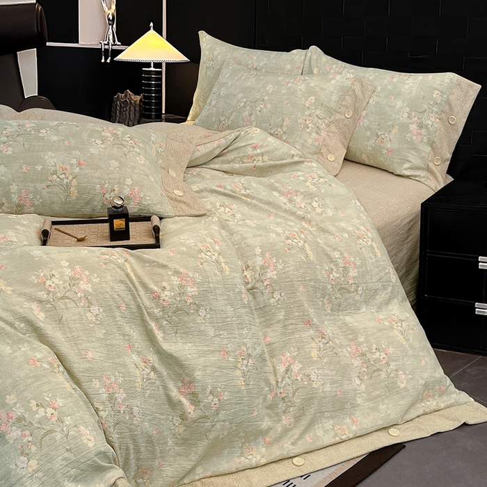 91家纺网 家纺一手货源 找家纺 梦舒羽 2026春夏新款A类原麻纽扣四件套加厚被套床单宿舍双人床仿亚麻套件-最新款 清风花叙