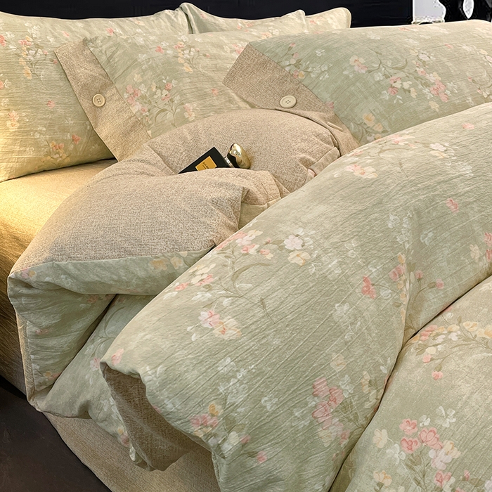 91家纺网 家纺一手货源 找家纺 梦舒羽 2026春夏新款A类原麻纽扣四件套加厚被套床单宿舍双人床仿亚麻套件-最新款 清风花叙