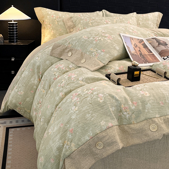 91家纺网 家纺一手货源 找家纺 梦舒羽 2026春夏新款A类原麻纽扣四件套加厚被套床单宿舍双人床仿亚麻套件-最新款 清风花叙