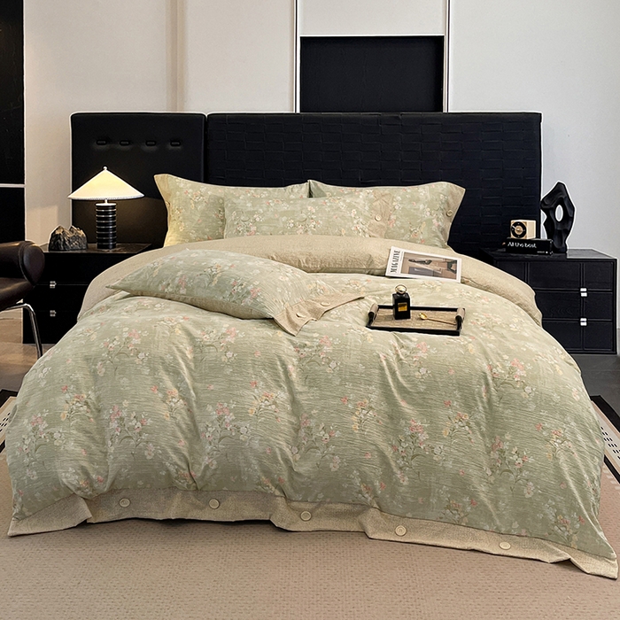 91家纺网 家纺一手货源 找家纺 梦舒羽 2026春夏新款A类原麻纽扣四件套加厚被套床单宿舍双人床仿亚麻套件-最新款 清风花叙