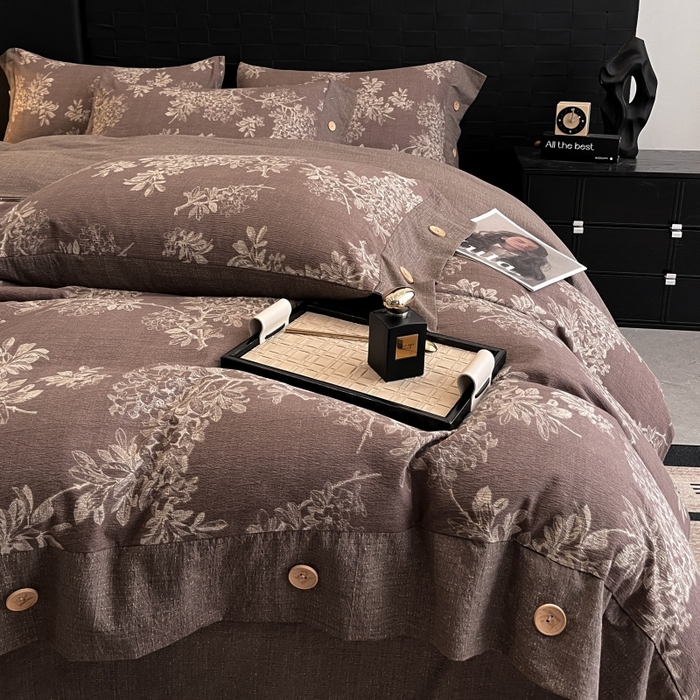 91家纺网 家纺一手货源 找家纺 梦舒羽 2026春夏新款A类原麻纽扣四件套加厚被套床单宿舍双人床仿亚麻套件-最新款 秋意浓