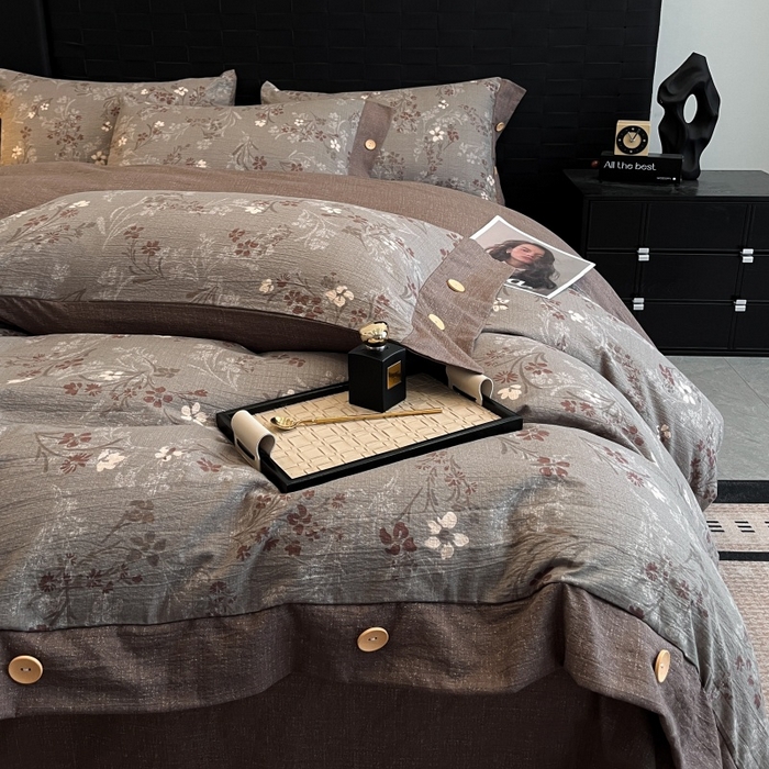 91家纺网 家纺一手货源 找家纺 梦舒羽 2026春夏新款A类原麻纽扣四件套加厚被套床单宿舍双人床仿亚麻套件-最新款 山花浪漫