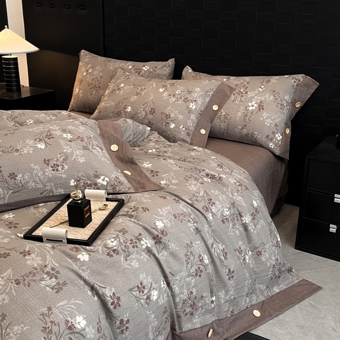 91家纺网 家纺一手货源 找家纺 梦舒羽 2026春夏新款A类原麻纽扣四件套加厚被套床单宿舍双人床仿亚麻套件-最新款 山花浪漫