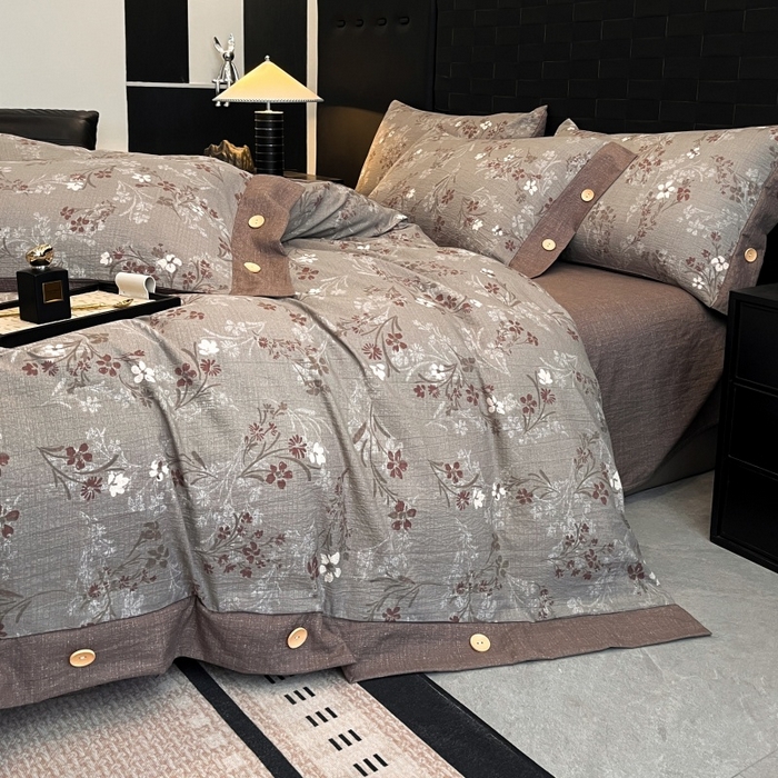 91家纺网 家纺一手货源 找家纺 梦舒羽 2026春夏新款A类原麻纽扣四件套加厚被套床单宿舍双人床仿亚麻套件-最新款 山花浪漫