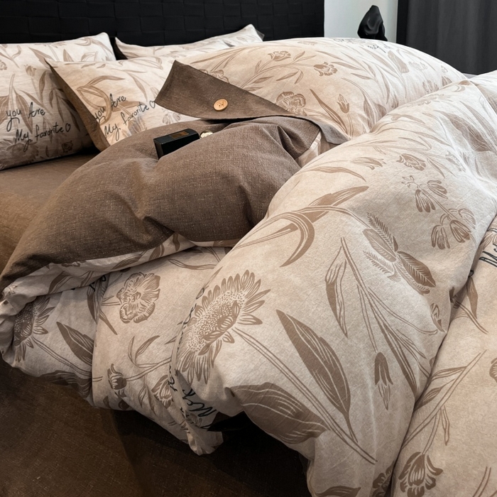 91家纺网 家纺一手货源 找家纺 梦舒羽 2026春夏新款A类原麻纽扣四件套加厚被套床单宿舍双人床仿亚麻套件-最新款 向阳花开