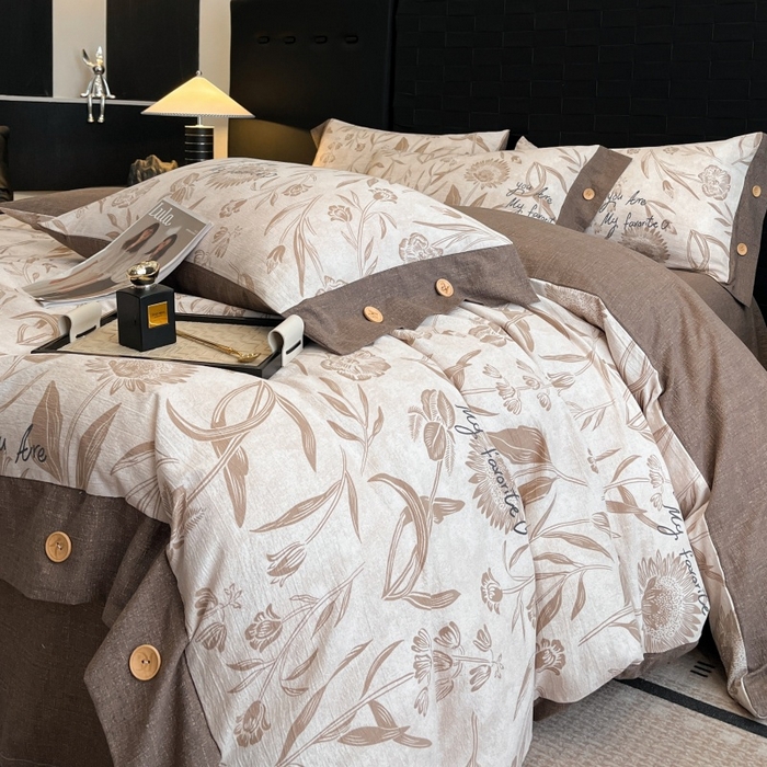 91家纺网 家纺一手货源 找家纺 梦舒羽 2026春夏新款A类原麻纽扣四件套加厚被套床单宿舍双人床仿亚麻套件-最新款 向阳花开