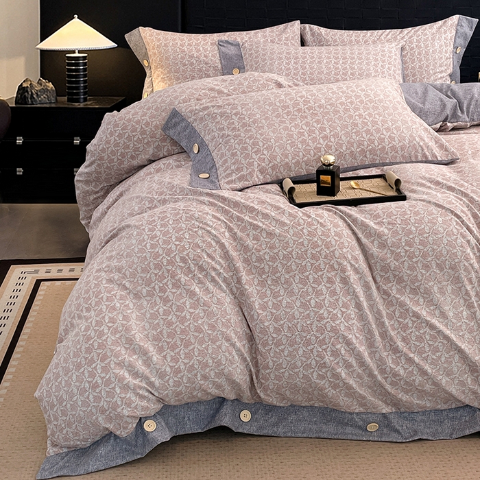 91家纺网 家纺一手货源 找家纺 梦舒羽 2026春夏新款A类原麻纽扣四件套加厚被套床单宿舍双人床仿亚麻套件-最新款 叶影