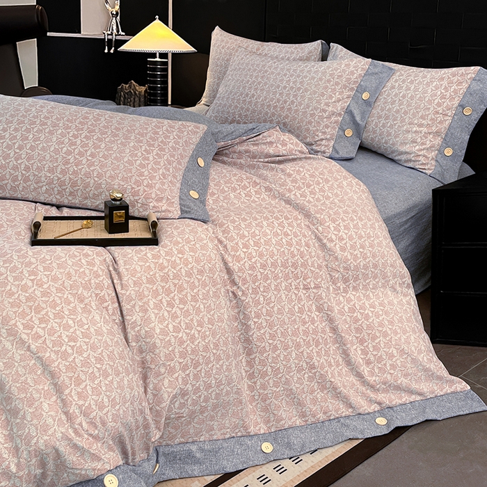 91家纺网 家纺一手货源 找家纺 梦舒羽 2026春夏新款A类原麻纽扣四件套加厚被套床单宿舍双人床仿亚麻套件-最新款 叶影