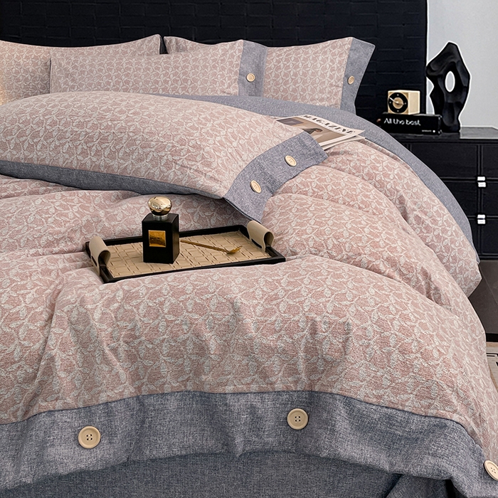 91家纺网 家纺一手货源 找家纺 梦舒羽 2026春夏新款A类原麻纽扣四件套加厚被套床单宿舍双人床仿亚麻套件-最新款 叶影