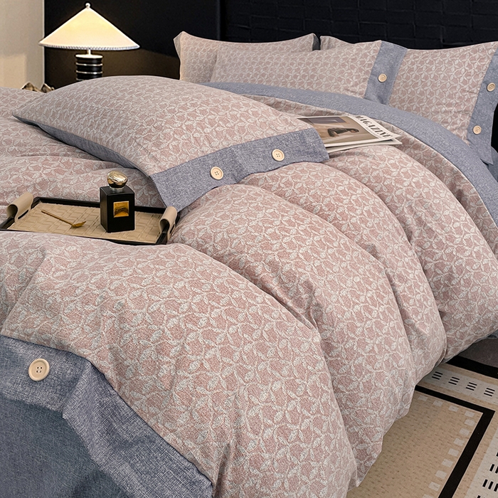 91家纺网 家纺一手货源 找家纺 梦舒羽 2026春夏新款A类原麻纽扣四件套加厚被套床单宿舍双人床仿亚麻套件-最新款 叶影