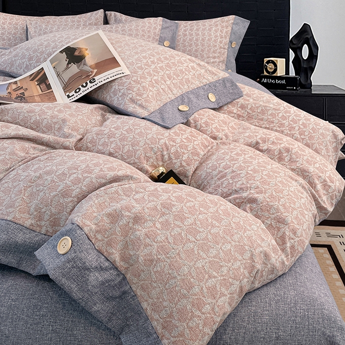 91家纺网 家纺一手货源 找家纺 梦舒羽 2026春夏新款A类原麻纽扣四件套加厚被套床单宿舍双人床仿亚麻套件-最新款 叶影