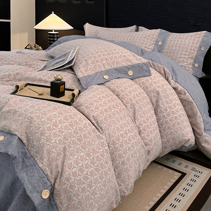 91家纺网 家纺一手货源 找家纺 梦舒羽 2026春夏新款A类原麻纽扣四件套加厚被套床单宿舍双人床仿亚麻套件-最新款 叶影