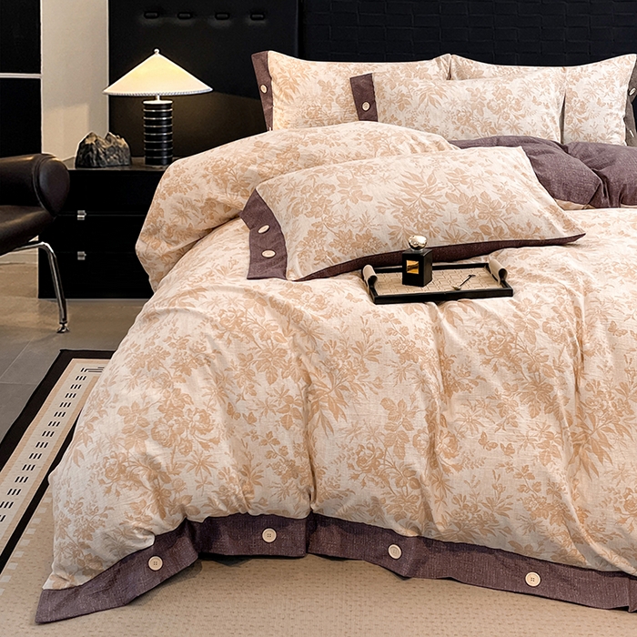 91家纺网 家纺一手货源 找家纺 梦舒羽 2026春夏新款A类原麻纽扣四件套加厚被套床单宿舍双人床仿亚麻套件-最新款 忆秋风