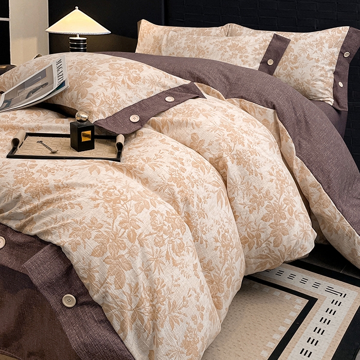 91家纺网 家纺一手货源 找家纺 梦舒羽 2026春夏新款A类原麻纽扣四件套加厚被套床单宿舍双人床仿亚麻套件-最新款 忆秋风