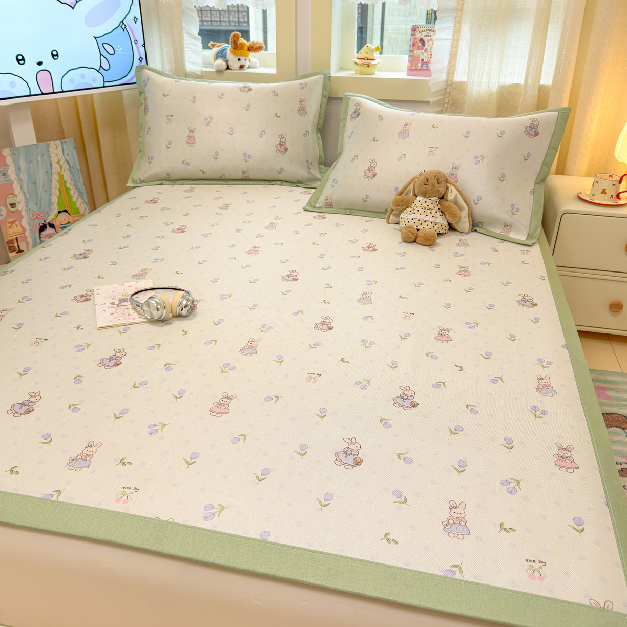 91家纺网 家纺一手货源 找家纺 慕尚家纺 2026新款凉感冰丝凉席席子 郁金香小兔