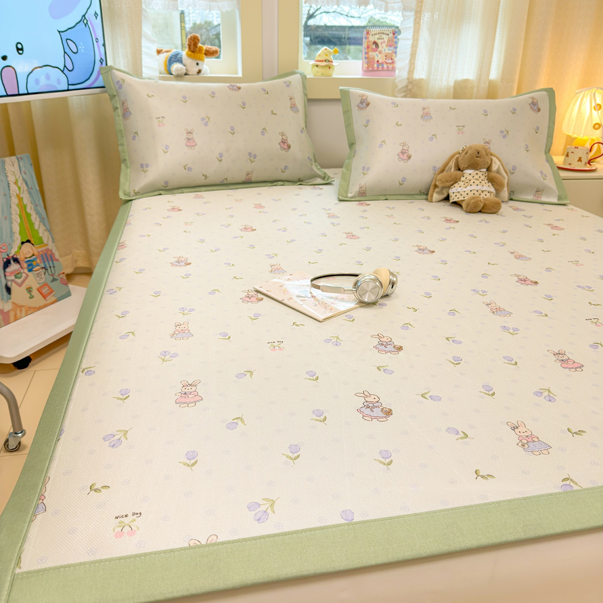 91家纺网 家纺一手货源 找家纺 慕尚家纺 2026新款凉感冰丝凉席席子 郁金香小兔