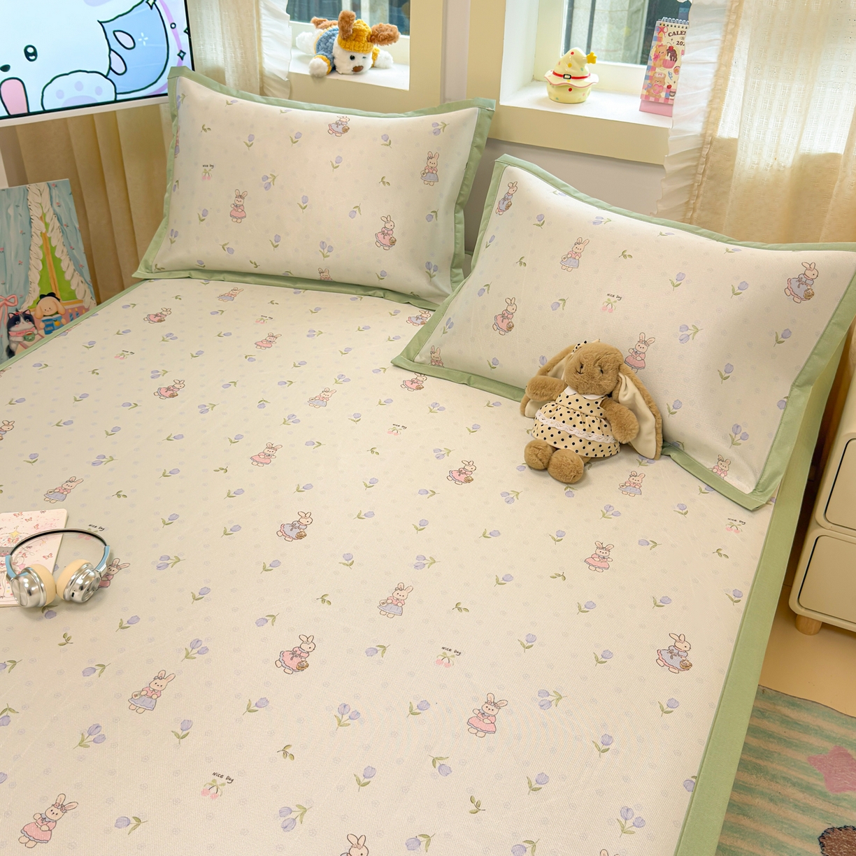 91家纺网 家纺一手货源 找家纺 慕尚家纺 2026新款凉感冰丝凉席席子 郁金香小兔