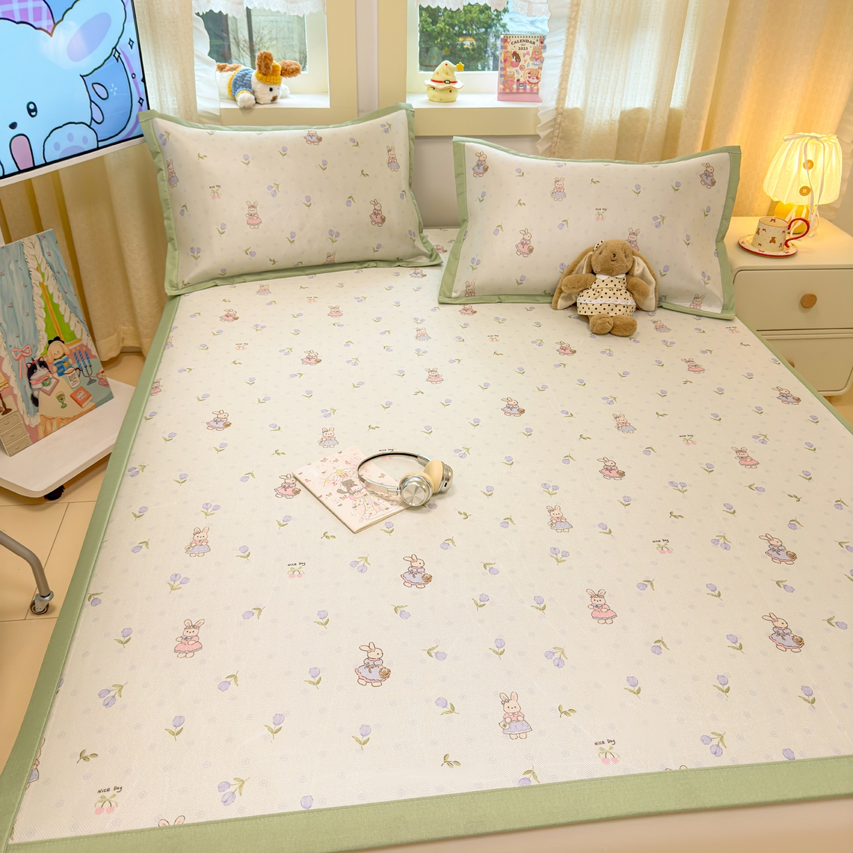 91家纺网 家纺一手货源 找家纺 慕尚家纺 2026新款凉感冰丝凉席席子 郁金香小兔