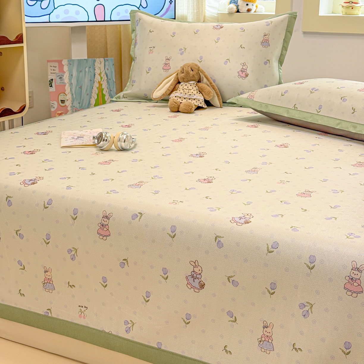 91家纺网 家纺一手货源 找家纺 慕尚家纺 2026新款凉感冰丝凉席席子 郁金香小兔