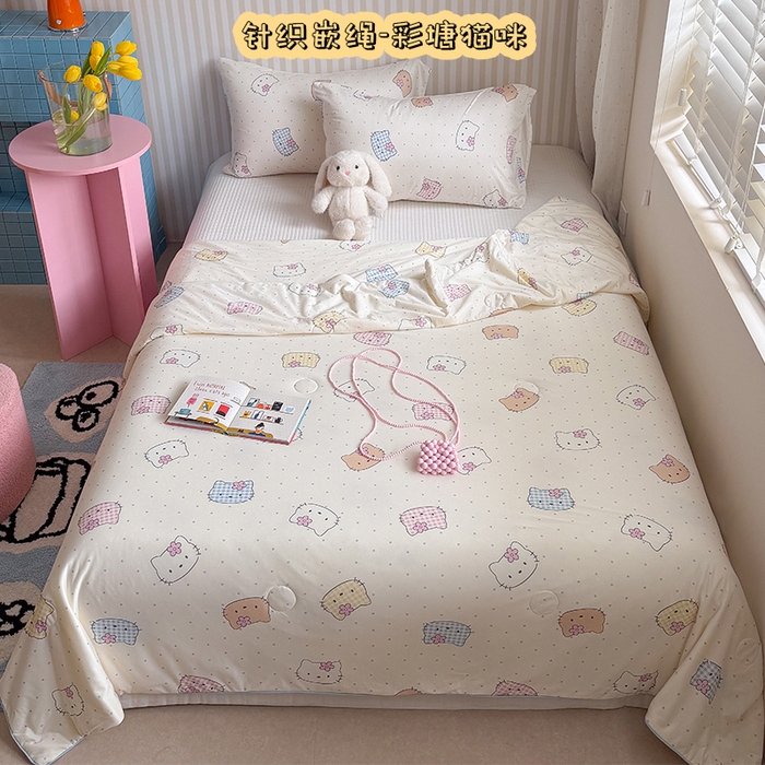 桃子家居 2026新款A类卡通小清新奶乎乎高品质牛奶丝软糯针织棉嵌绳工艺夏被系列 针织嵌绳-彩塘猫咪