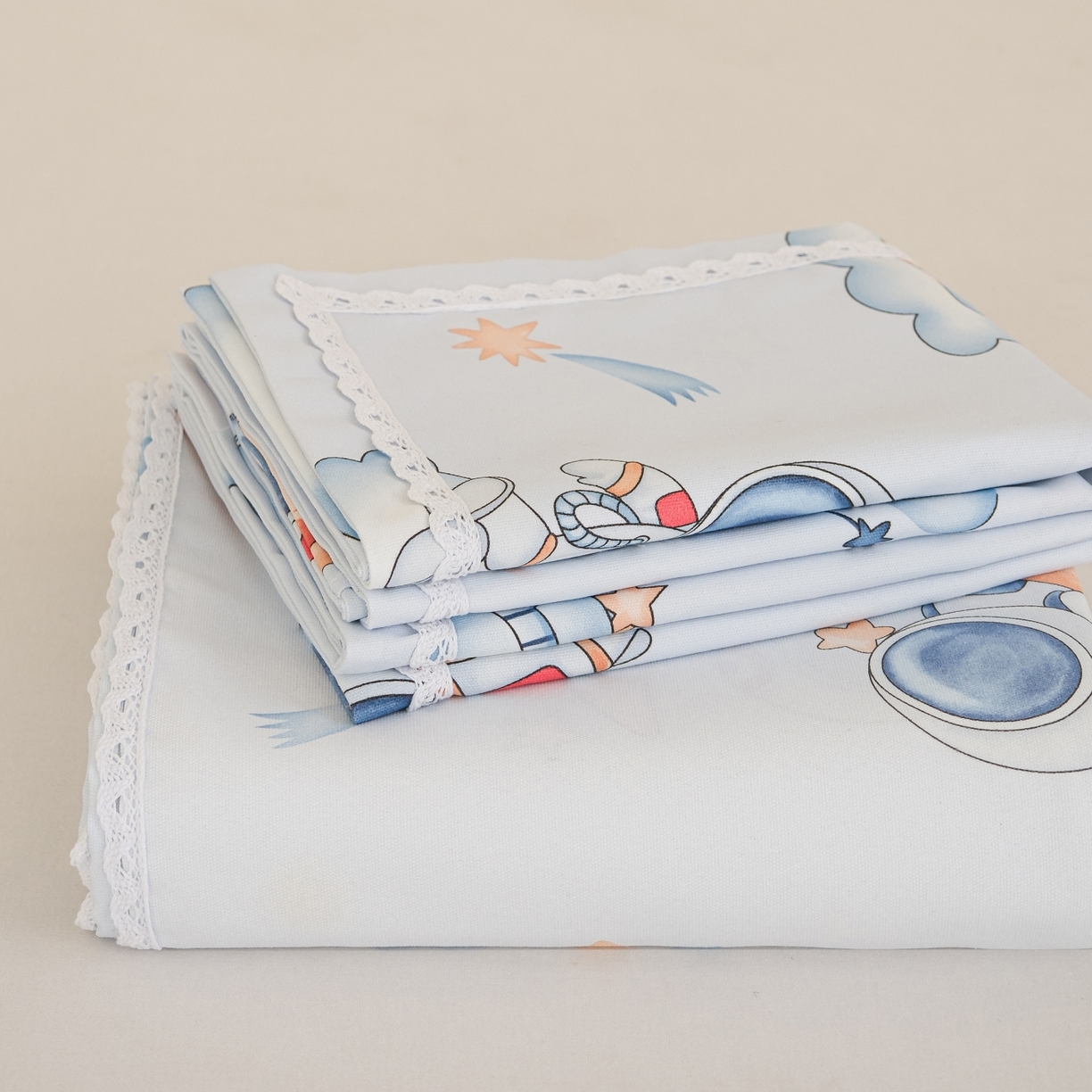 慕绸家纺（原萌宝老粗布厂家） 2026新款原棉细纱工艺款亲肤柔软老粗布床单凉席席子春夏热门款-直播热卖圆角花边款 快乐星球