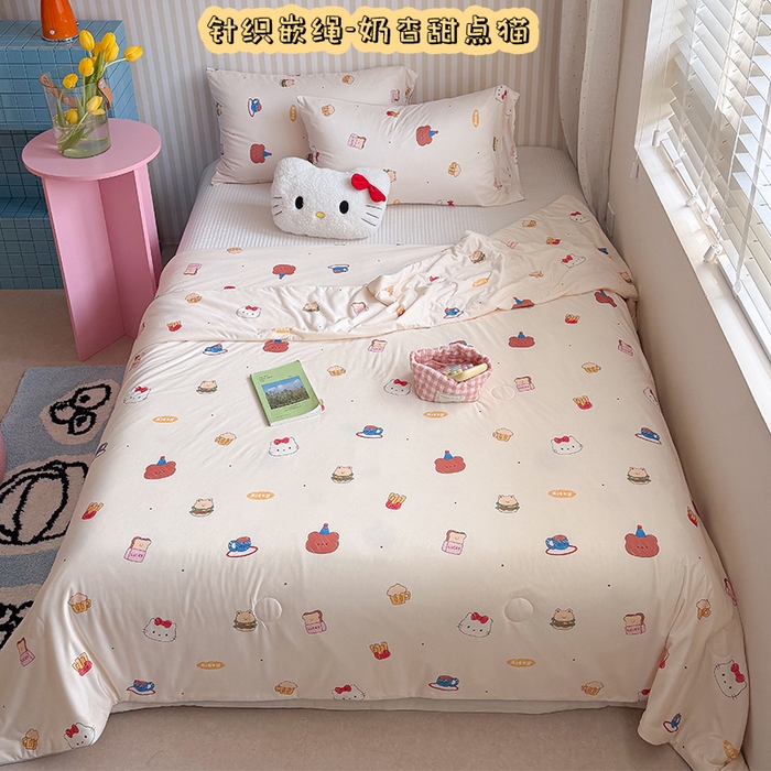 桃子家居 2026新款A类卡通小清新奶乎乎高品质牛奶丝软糯针织棉嵌绳工艺夏被系列 针织嵌绳-奶杏甜点猫