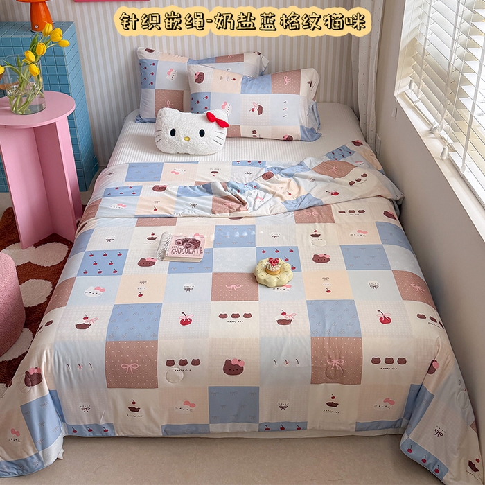 桃子家居 2026新款A类卡通小清新奶乎乎高品质牛奶丝软糯针织棉嵌绳工艺夏被系列 针织嵌绳-奶盐蓝格纹猫咪