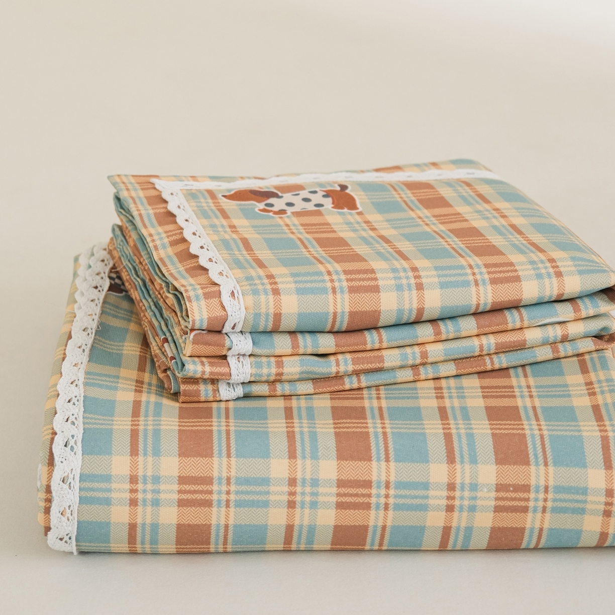 慕绸家纺（原萌宝老粗布厂家） 2026新款原棉细纱工艺款亲肤柔软老粗布床单凉席席子春夏热门款-直播热卖圆角花边款 美式腊肠狗