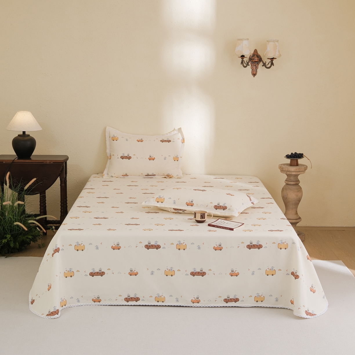 91家纺网 家纺一手货源 找家纺 慕绸家纺（原萌宝老粗布厂家） 2026新款原棉细纱工艺款亲肤柔软老粗布床单凉席席子春夏热门款-直播热卖圆角花边款 面包小车