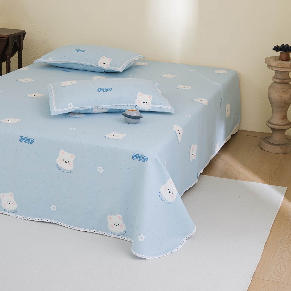 91家纺网 家纺一手货源 找家纺 慕绸家纺（原萌宝老粗布厂家） 2026新款原棉细纱工艺款亲肤柔软老粗布床单凉席席子春夏热门款-直播热卖圆角花边款 奶油大白