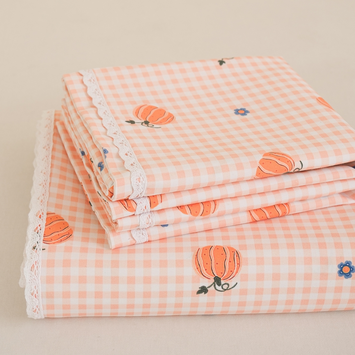 慕绸家纺（原萌宝老粗布厂家） 2026新款原棉细纱工艺款亲肤柔软老粗布床单凉席席子春夏热门款-直播热卖圆角花边款 南瓜派