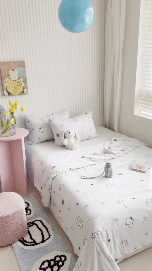 91家纺网 家纺一手货源 找家纺 桃子家居 2026新款A类卡通小清新奶乎乎高品质牛奶丝软糯针织棉嵌绳工艺夏被系列 针织嵌绳-晚安兔兔