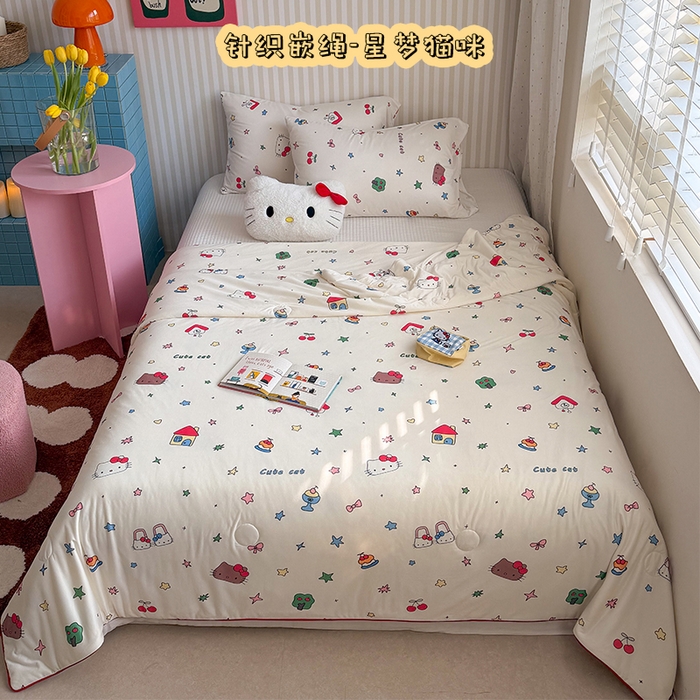 桃子家居 2026新款A类卡通小清新奶乎乎高品质牛奶丝软糯针织棉嵌绳工艺夏被系列 针织嵌绳-星梦猫咪