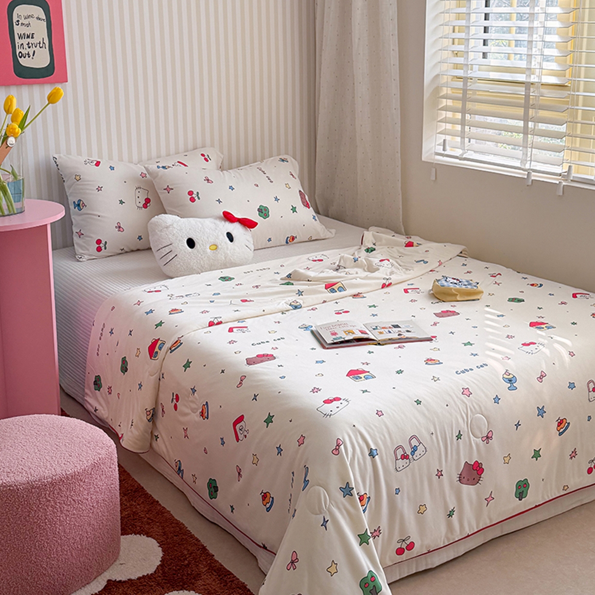 91家纺网 家纺一手货源 找家纺 桃子家居 2026新款A类卡通小清新奶乎乎高品质牛奶丝软糯针织棉嵌绳工艺夏被系列 针织嵌绳-星梦猫咪