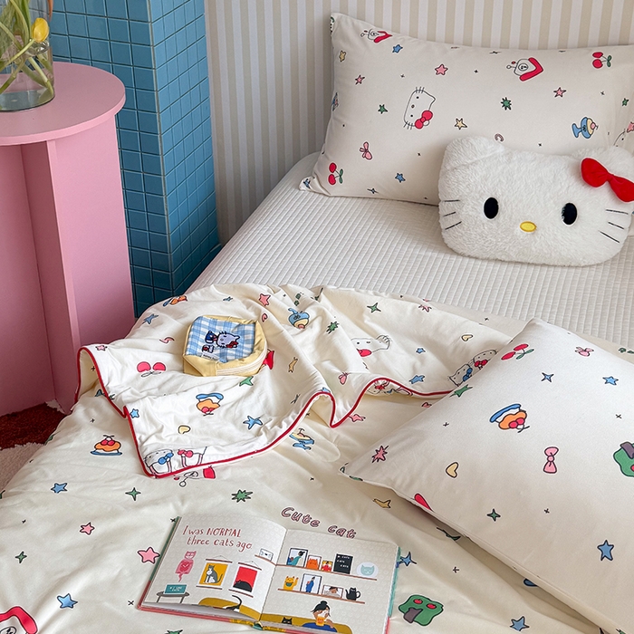 91家纺网 家纺一手货源 找家纺 桃子家居 2026新款A类卡通小清新奶乎乎高品质牛奶丝软糯针织棉嵌绳工艺夏被系列 针织嵌绳-星梦猫咪