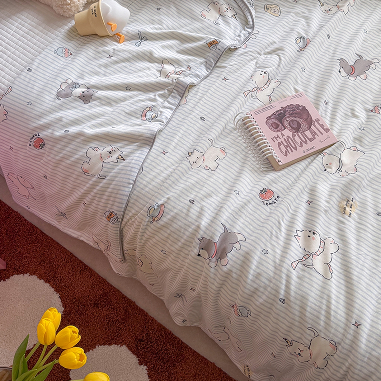 91家纺网 家纺一手货源 找家纺 桃子家居 2026新款A类卡通小清新奶乎乎高品质牛奶丝软糯针织棉嵌绳工艺夏被系列 针织嵌绳-元气小狗