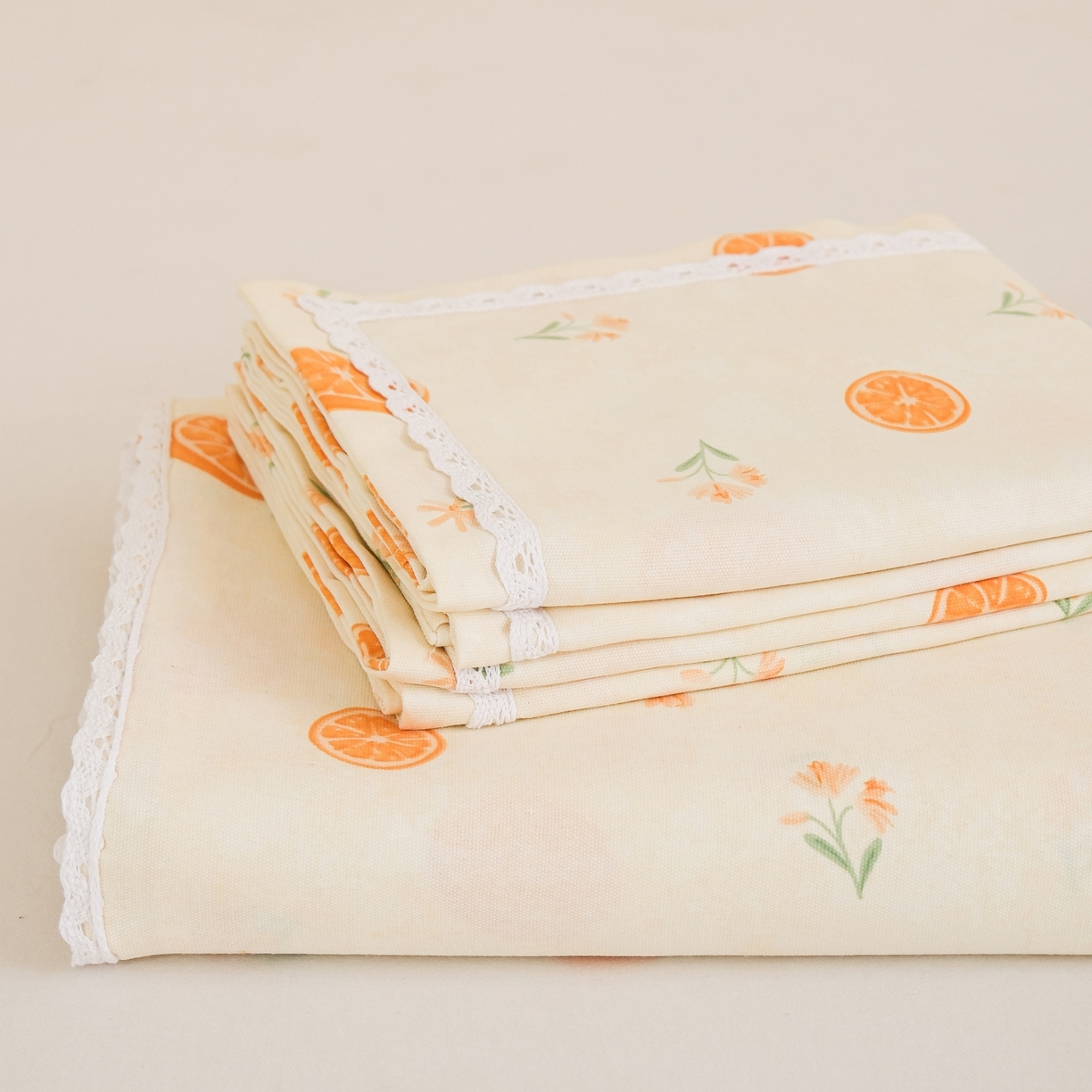 慕绸家纺（原萌宝老粗布厂家） 2026新款原棉细纱工艺款亲肤柔软老粗布床单凉席席子春夏热门款-直播热卖圆角花边款 甜橙日记