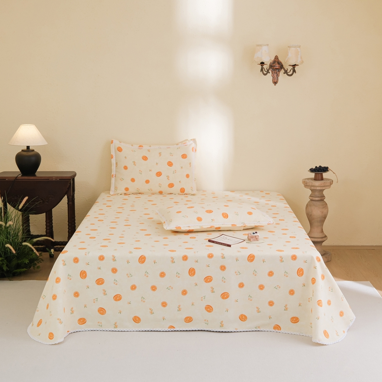 91家纺网 家纺一手货源 找家纺 慕绸家纺（原萌宝老粗布厂家） 2026新款原棉细纱工艺款亲肤柔软老粗布床单凉席席子春夏热门款-直播热卖圆角花边款 甜橙日记