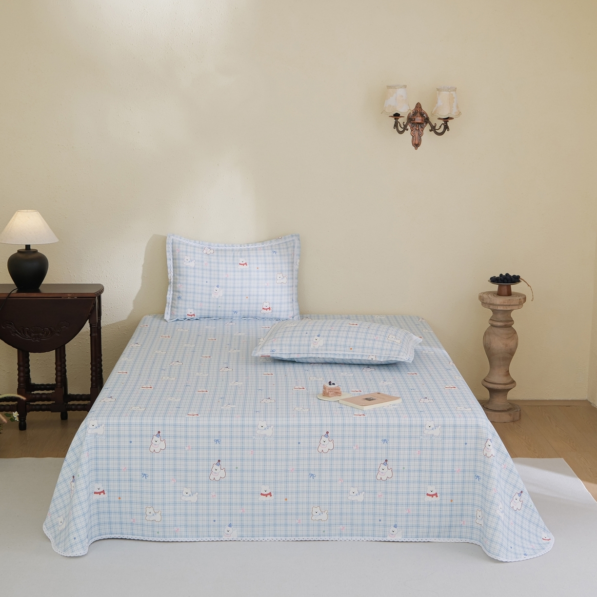 91家纺网 家纺一手货源 找家纺 慕绸家纺（原萌宝老粗布厂家） 2026新款原棉细纱工艺款亲肤柔软老粗布床单凉席席子春夏热门款-直播热卖圆角花边款 甜格派对