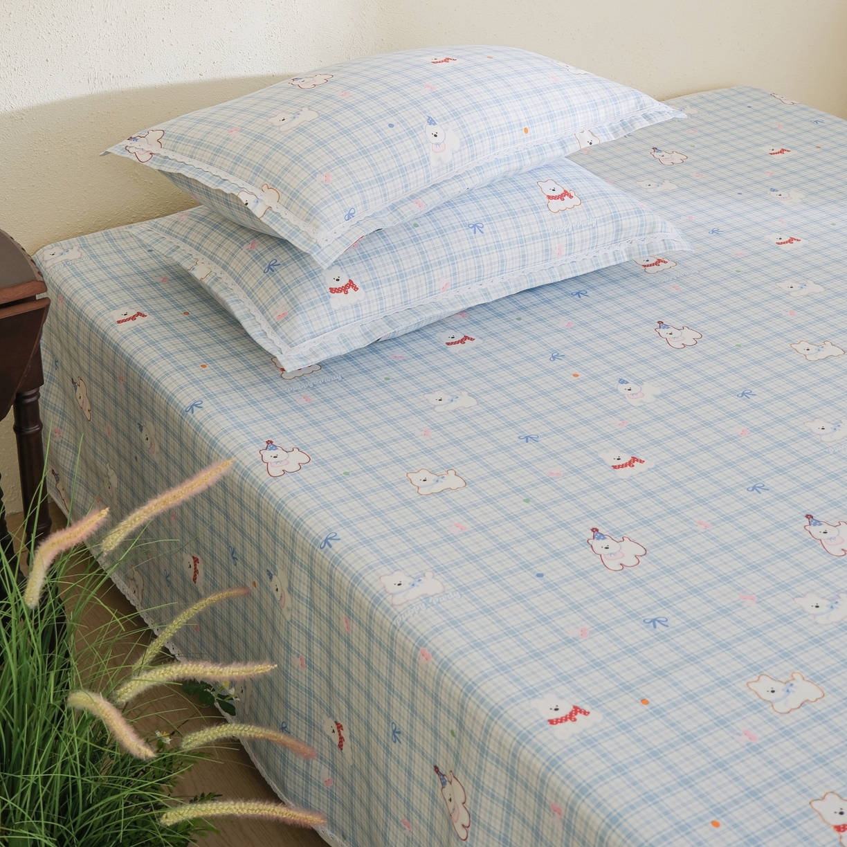 91家纺网 家纺一手货源 找家纺 慕绸家纺（原萌宝老粗布厂家） 2026新款原棉细纱工艺款亲肤柔软老粗布床单凉席席子春夏热门款-直播热卖圆角花边款 甜格派对